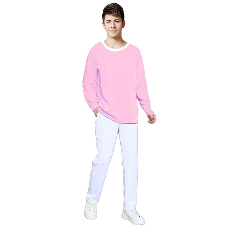 Light pink shirt with long sleeves and white long pants